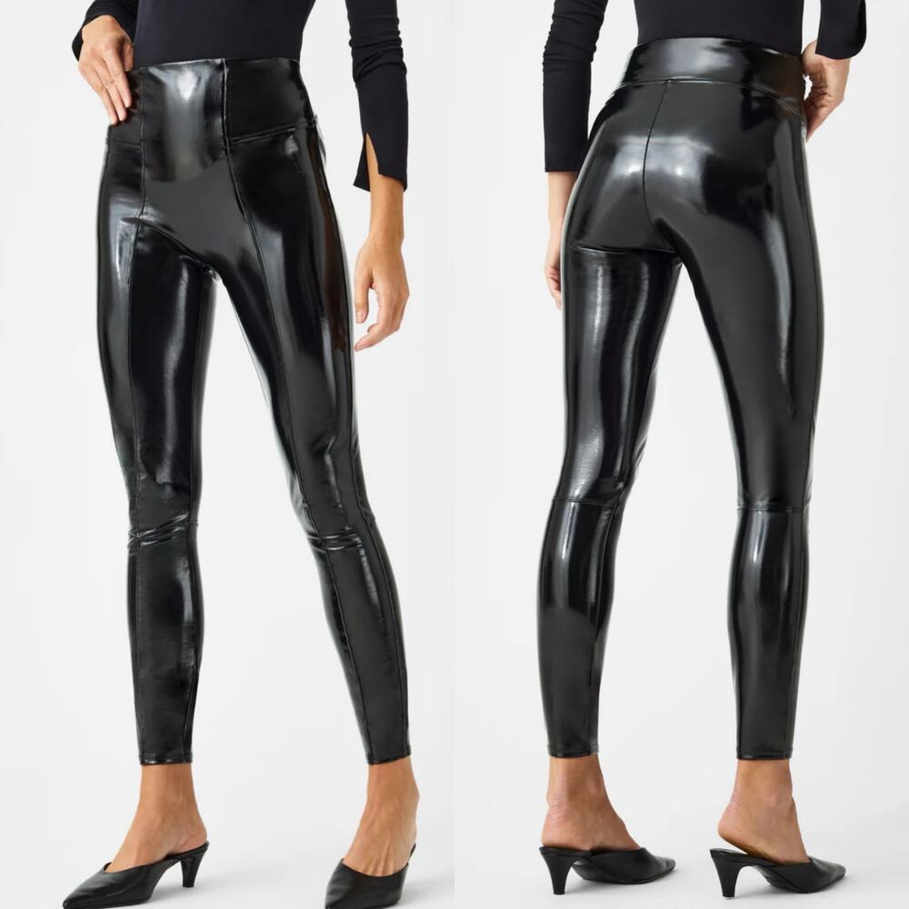 Spanx Patent Leather Shiny Leggings Pants XS High Waisted Compression Black